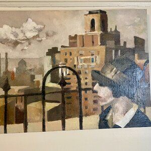 Original Oil Painting Art Deco Girl Industrial Background Signed in verso